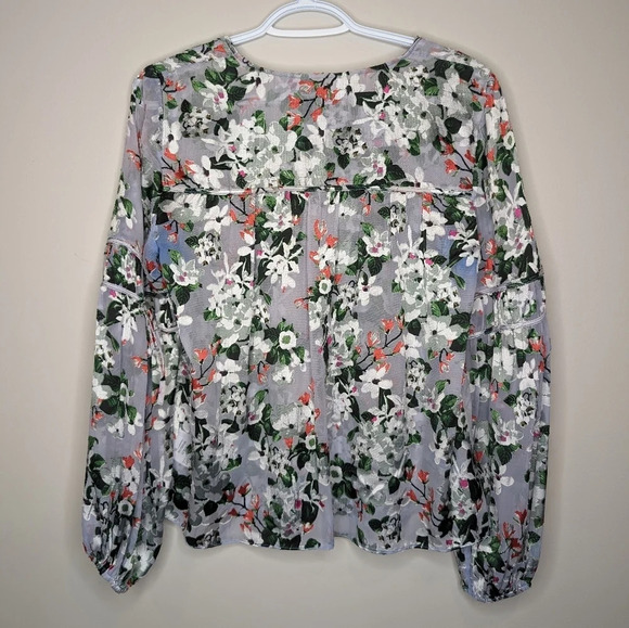 INC International Concepts Tie V  Neck Grey Floral Textured Blouse Women Small - Picture 2 of 11